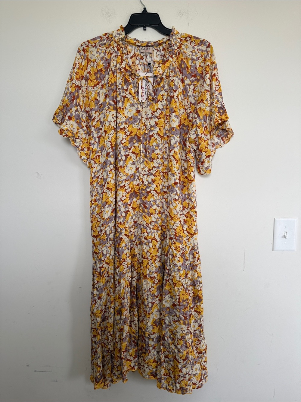 GiGiO Yellow Floral Tie-Neck Midi Dress
